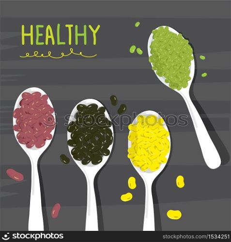 Set of Beans and nuts. Organic and healthy food Vector illustration.