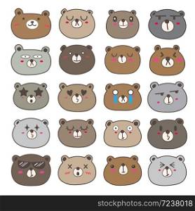 Set of bear face emoticons, Cute bear character design. Vector illustration.