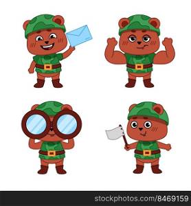 Set of bears in camouflage uniform holding letter, showing muscles, looking through binoculars, waving white flag