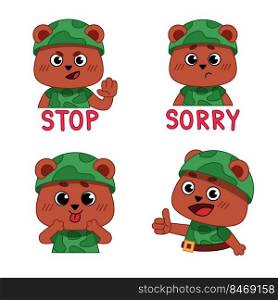 Set of bears in camouflage uniform showing stop sign, feeling sorry, sticking tongue, showing thumb up