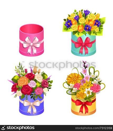 Set of beautiful bouquets with decorative elements, oval cases with colorful ribbons and big pretty bows, mix of varied flowers, roses and tulips. Set of Beautiful Bouquets with Decorative Elements