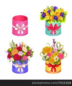 Set of beautiful bouquets with decorative elements, oval cases with colorful ribbons and big pretty bows, mix of varied flowers, roses and tulips. Set of Beautiful Bouquets with Decorative Elements