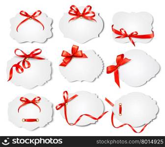 Set of beautiful cards with red gift bows with ribbons. Vector