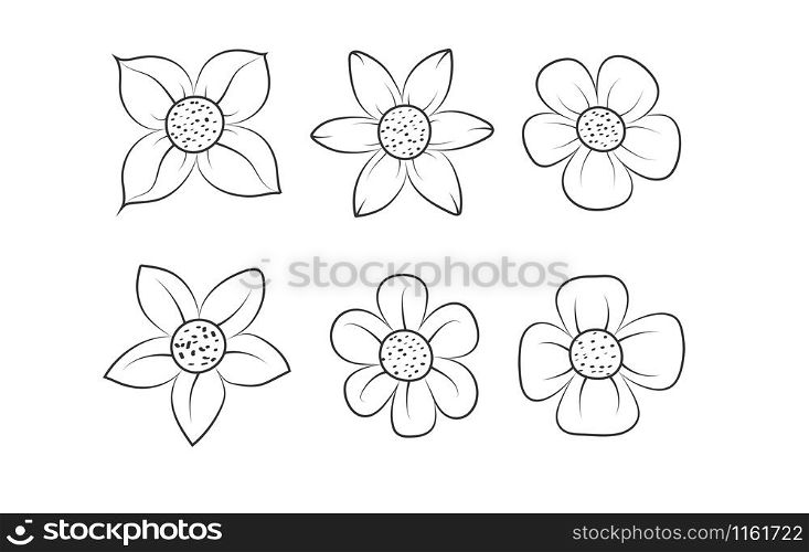 Set of beautiful flower plants. Empty vector contour silhouette in the style of doodles for greeting cards, posters, stickers, and seasonal design. Isolated on a white background.