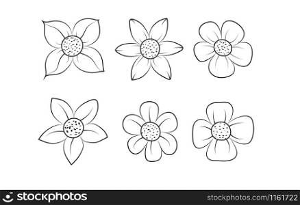 Set of beautiful flower plants. Empty vector contour silhouette in the style of doodles for greeting cards, posters, stickers, and seasonal design. Isolated on a white background.