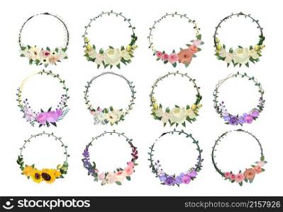 Set of beautiful flower wreath, floral frames set. Vector illustration.