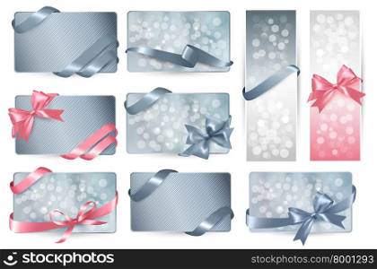 Set of beautiful Gift cards with color gift bows with ribbons.
