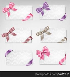 Set of beautiful gift cards with colorful gift bows with ribbons Vector