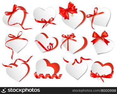 Set of beautiful gift cards with red gift bows and hearts. Valentine&rsquo;s day. Vector illustration.