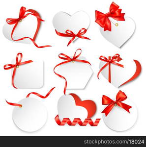 Set of beautiful gift cards with red gift bows with ribbons Vector