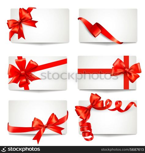 Set of beautiful gift cards with red gift bows with ribbons Vector