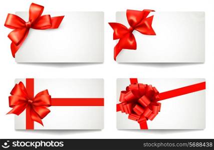 Set of beautiful gift cards with red gift bows with ribbons Vector