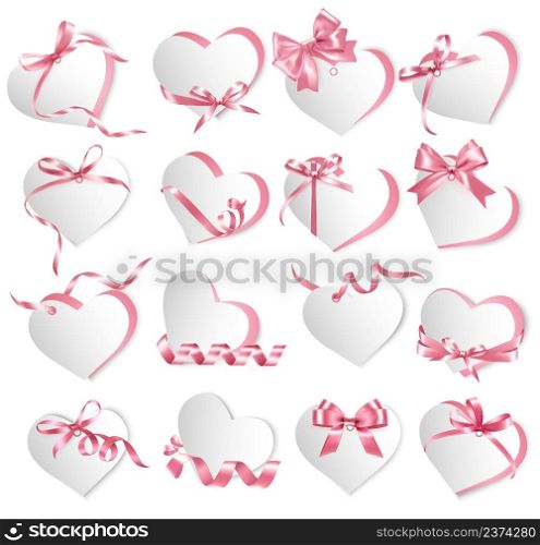 Set of beautiful gift shape heart cards with pink gift bows and ribbons. Vector illustration.