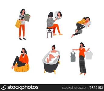 Set of beautiful girl character in daily life scenes. Young woman shopping, makes up, sleeping, relaxes, takes a bath, chooses clothes, drinking coffee. Flat cartoon vector illustration. Set of beautiful girl character in daily life scenes. Young woman shopping, makes up, sleeping, relaxes, takes a bath, chooses clothes, drinking coffee. Flat cartoon vector
