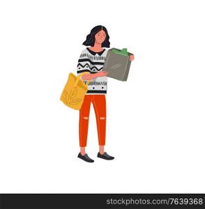 Set of beautiful girl in daily life scene. Young woman shopping chooses clothes healty food. Flat cartoon vector illustration. Set of beautiful girl in daily life scenes. Young woman shopping chooses clothes healty food. Flat cartoon vector