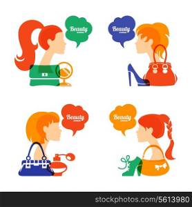 Set of beautiful girl silhouette with fashion icons. Shopping woman. Sale elegant stylish signs