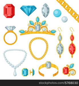 Set of beautiful jewelry and precious stones.