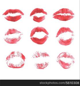 Set of beautiful red lips print on isolated white background