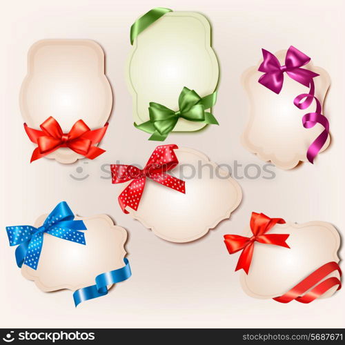 Set of beautiful retro labels with colorful gift bows with ribbons. Vector illustration.