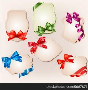 Set of beautiful retro labels with colorful gift bows with ribbons. Vector illustration.