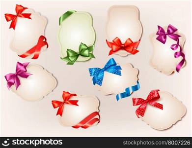 Set of beautiful retro labels with colorful gift bows with ribbons. Vector illustration