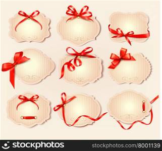 Set of beautiful retro labels with red gift bows with ribbons.Vector