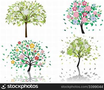 Set of beautiful summer tree with blossom flowers