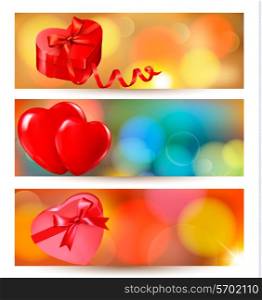Set of beautiful valentine gift cards with red gift bows with ribbons.