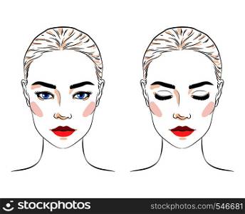 Set of beautiful woman with bun hairstyle and elegant makeup, attractive girl with blue eyes, makeup artist blog logo, line sketch style vector illustration isolated on white background. Set of beautiful woman with bun hairstyle and elegant makeup