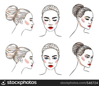 Set of beautiful woman with bun hairstyle and elegant makeup, attractive girl with blue eyes, line sketch style vector illustration isolated on white background. Set of beautiful woman with bun hairstyle and elegant makeup