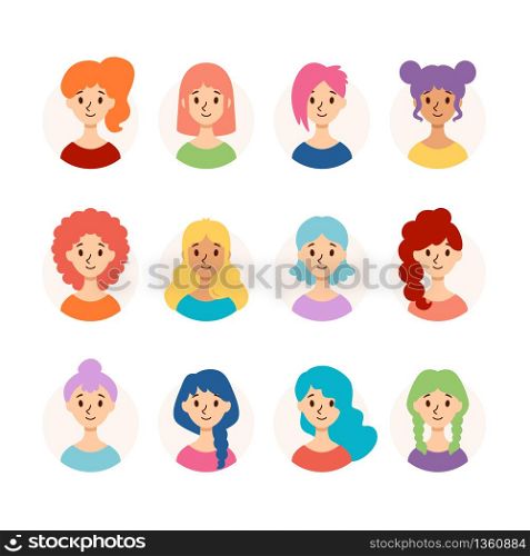 Set of beautiful women with different hairstyles and hair color. Collection of cute girls avatars. Vector illustration isolated on white background. Flat style.