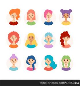 Set of beautiful women with different hairstyles and hair color. Collection of cute girls avatars. Vector illustration isolated on white background. Flat style.