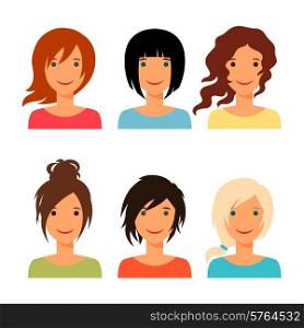 Set of beautiful young girls with various hair style.