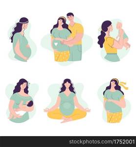 Set of Beautiful young pregnant women with man and baby. The concept of happy motherhood, family, love. Vector illustration in flat style on white background.