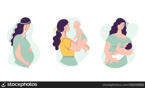 Set of Beautiful young women holding a baby and pregnant woman. The concept of happy motherhood, family, love. Vector illustration in flat style on white background.