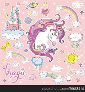 Set of beauty cartoon unicorn with magic elements. Vector isolated illustration. For postcard, posters, nursery design, greeting card, stickers, room decor, t-shirt, kids apparel, invitation,book. Set of beauty cartoon unicorn vector illustration