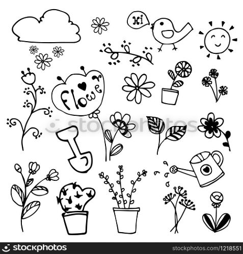 Set of beauty flowers doodle hand drawn on vector design on white background.
