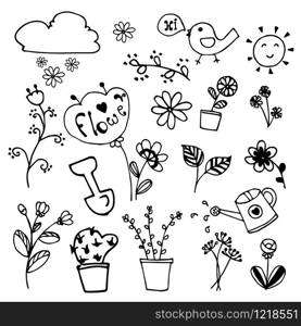 Set of beauty flowers doodle hand drawn on vector design on white background.