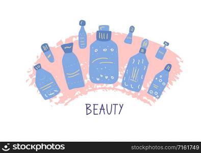 Set of beauty supplies. Hygiene vials, tubes and packages in flat style. Vector illustration.