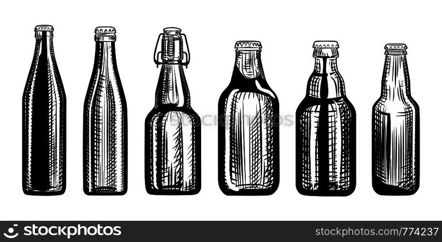 Set of beer bottles. Engraving style. Hand drawn vector illustration isolated on white background.. Set of beer bottles. Engraving style. Hand drawn