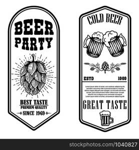 Set of beer flyers with hop and beer mug illustrations. Design element for poster, banner, sign, emblem. Vector illustration