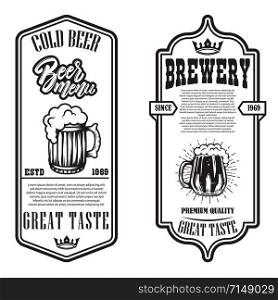 Set of beer flyers with hop and beer mug illustrations. Design element for poster, banner, sign, emblem. Vector illustration