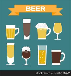 Set of beer glassware. Flat cartoon vector illustration. Wheat, lager, craft, ale, stout