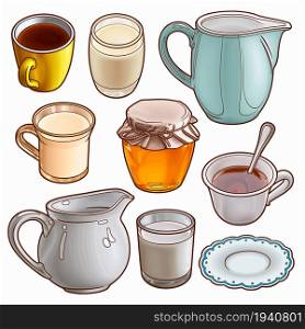 Set of beverages cartoon hand drawn objects. Vector line art illustration.. Set of beverages cartoon hand drawn objects