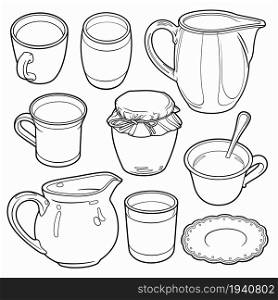 Set of beverages cartoon hand drawn objects. Vector line art illustration.. Set of beverages cartoon hand drawn objects.