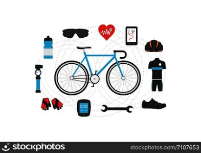 set of bicycle accessories on white background