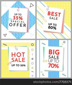 Set of big sale banners. Discount poster template. Big sale special offer. End of season special proposition banner vector flat style. Best price advertising poster up to 90 on blue-yellow background. Set of big sale banners. Discount poster template. Big sale special offer. End of season, best price