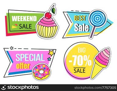 Set of big sale banners. Discount poster template. Big sale special offer. End of season special proposition banner vector flat style. Best price advertising poster with image of various sweets. Set of best sale banners. Weekend sale, discount, best price and special offer advertising poster