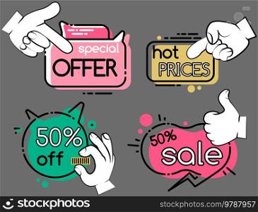 Set of big sale banners. Discount poster template. Hpt price special offer. End of season special proposition banner vector flat style. Best price advertising poster with different hand gestures. Set of big sale banners. Discount poster. Hot price special offer with different hand gestures