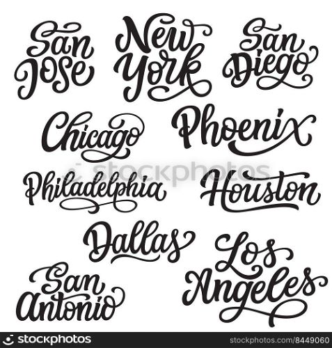 Set of biggest USA cities. Hand lettering inscriptions isolated on white background.New York, Los Angeles etc. Vector typography for posters, t shirts, stickers, caps, souvenirs